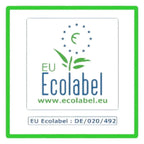 Eu ecolabel zertifizierungslogo mit grünem blatt und blauen sternen auf dem produkt solution glöckner green sanitärreiniger zero