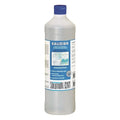 Eine klare kunststoffflasche mit blauem deckel und etikett, kalizido alkalischer sanitärreiniger konzentrat