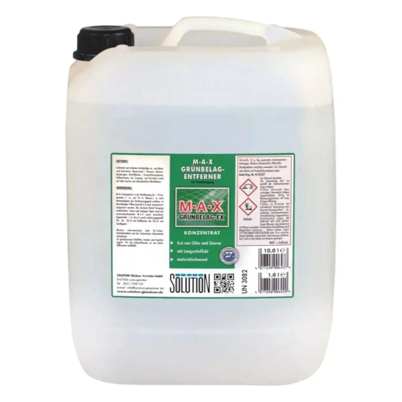 Weisser kunststoffkanister mit schwarzem verschluss und grünem etikett m-a-x grünbelagentferner von solution-glöckner