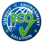 Kreisförmiges umweltfreundliches logo mit grünem eco tekst und haken über globe auf der rückseite von solution-glöckner nr 3 fleckenentferner