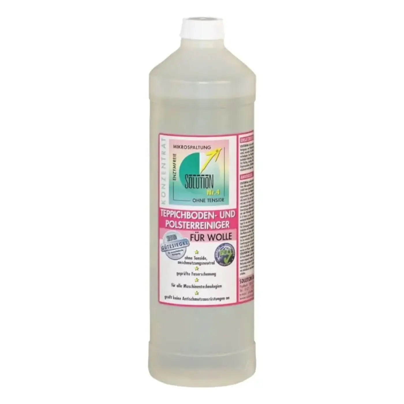 Klare plastikflasche mit weißem verschluss und grün-pinkem label solution 10-5 für glöckner nr 4 wollteppichreiniger