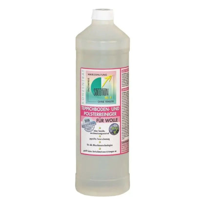 Klare plastikflasche mit weißem verschluss und grün-pinkem label solution 10-5 für glöckner nr 4 wollteppichreiniger