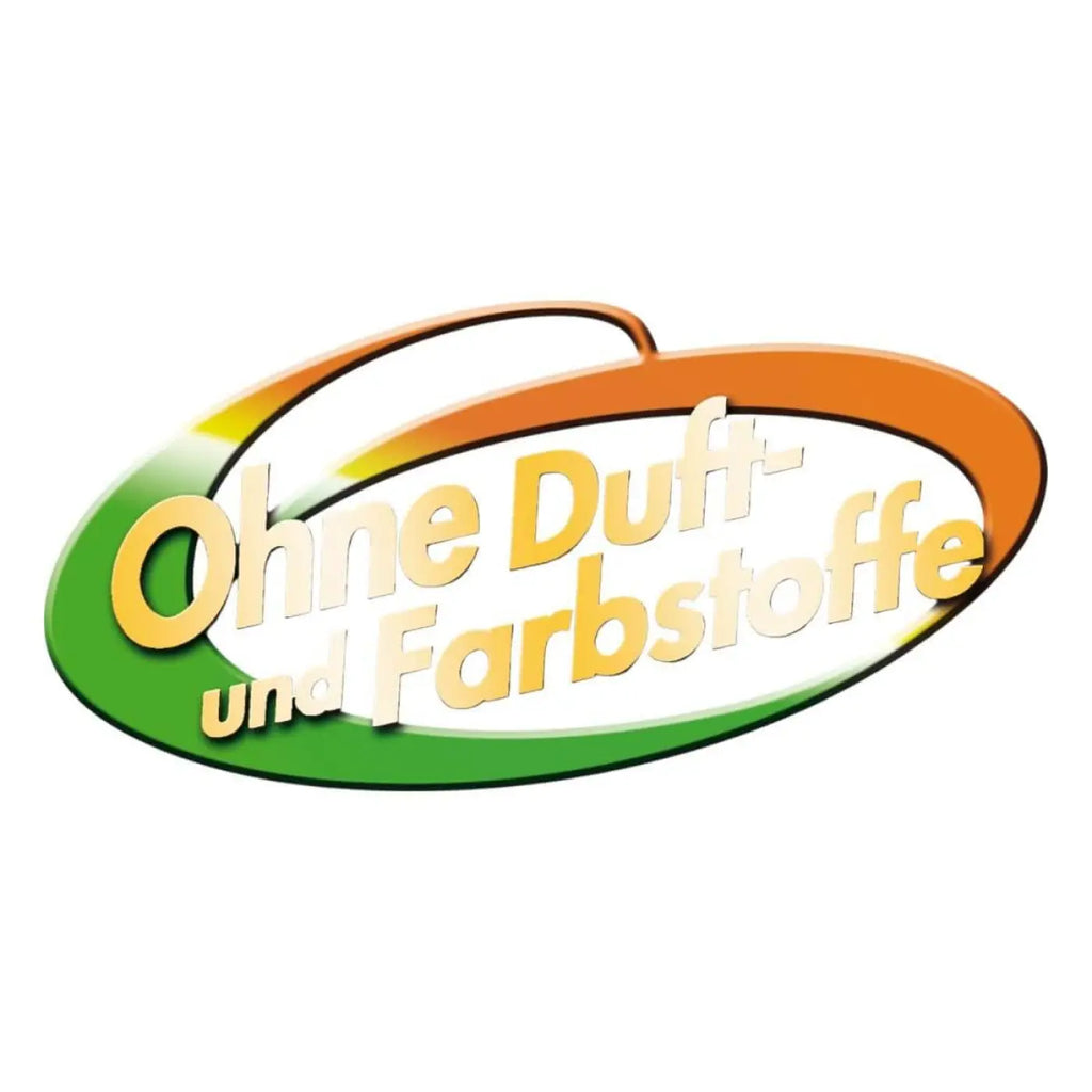 Vibrantes ovales logo mit fettem gelben text ohne duft und farbstoffe auf grün orange verlauf für lösung glöckner nr 4 wollteppichreiniger
