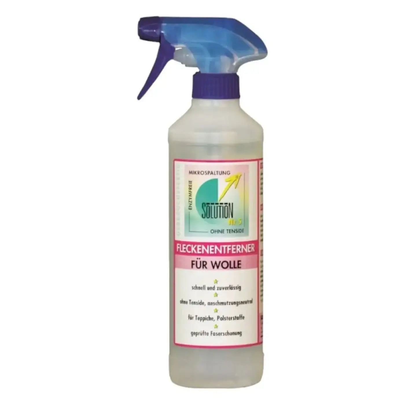 Klare kunststoff-sprühflasche mit blauem abzug und lila kappe mikrosplattung solution für wolle-fleckenentfernung