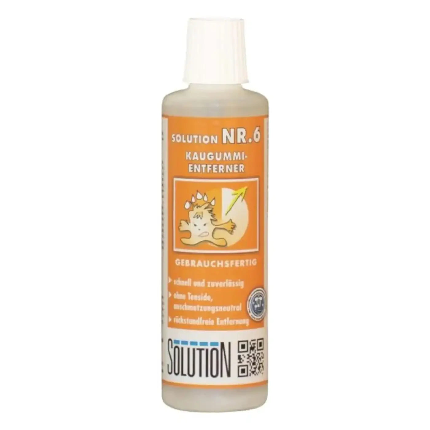 Eine klare plastikflasche mit weißem deckel enthält eine orange etikettierte lösung zur entfernung von kaugummi der marke solution