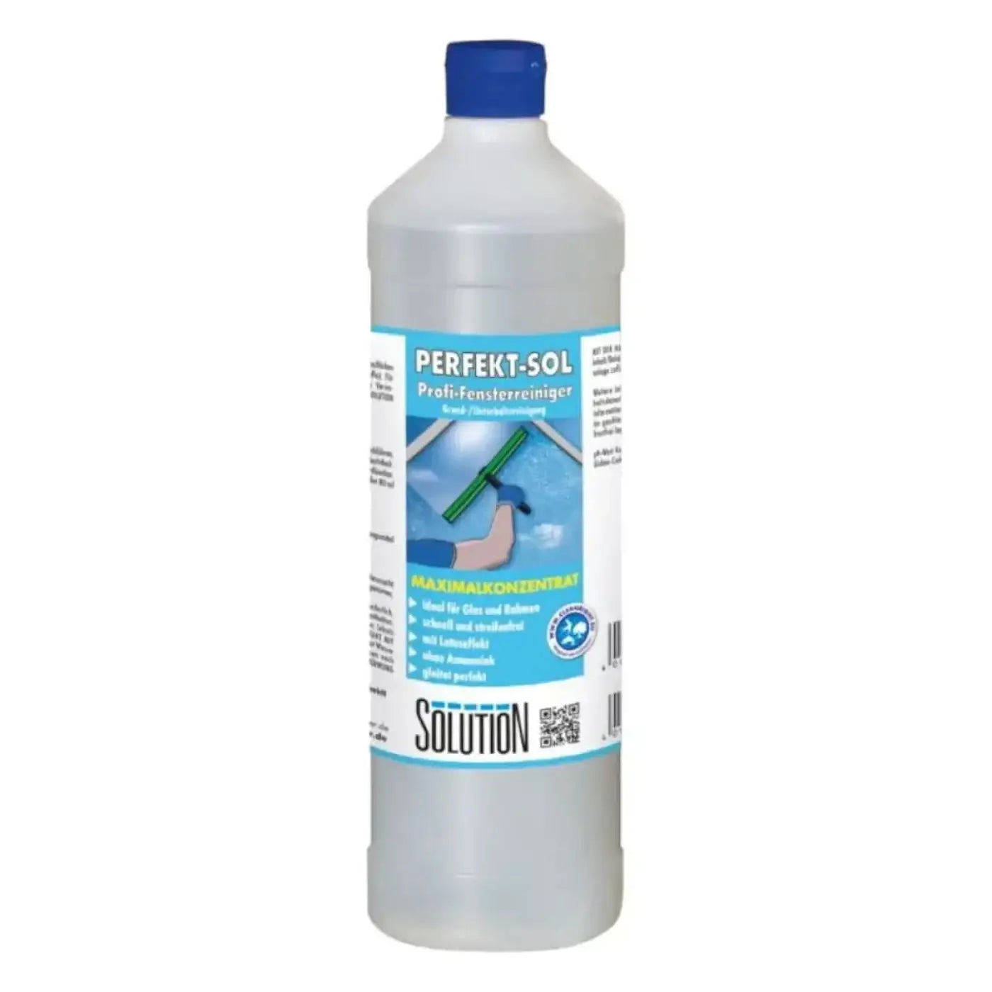 Klarer kunststoffflasche mit blauem deckel und blauem etikett mit perfekt-sol professionellem fensterreiniger