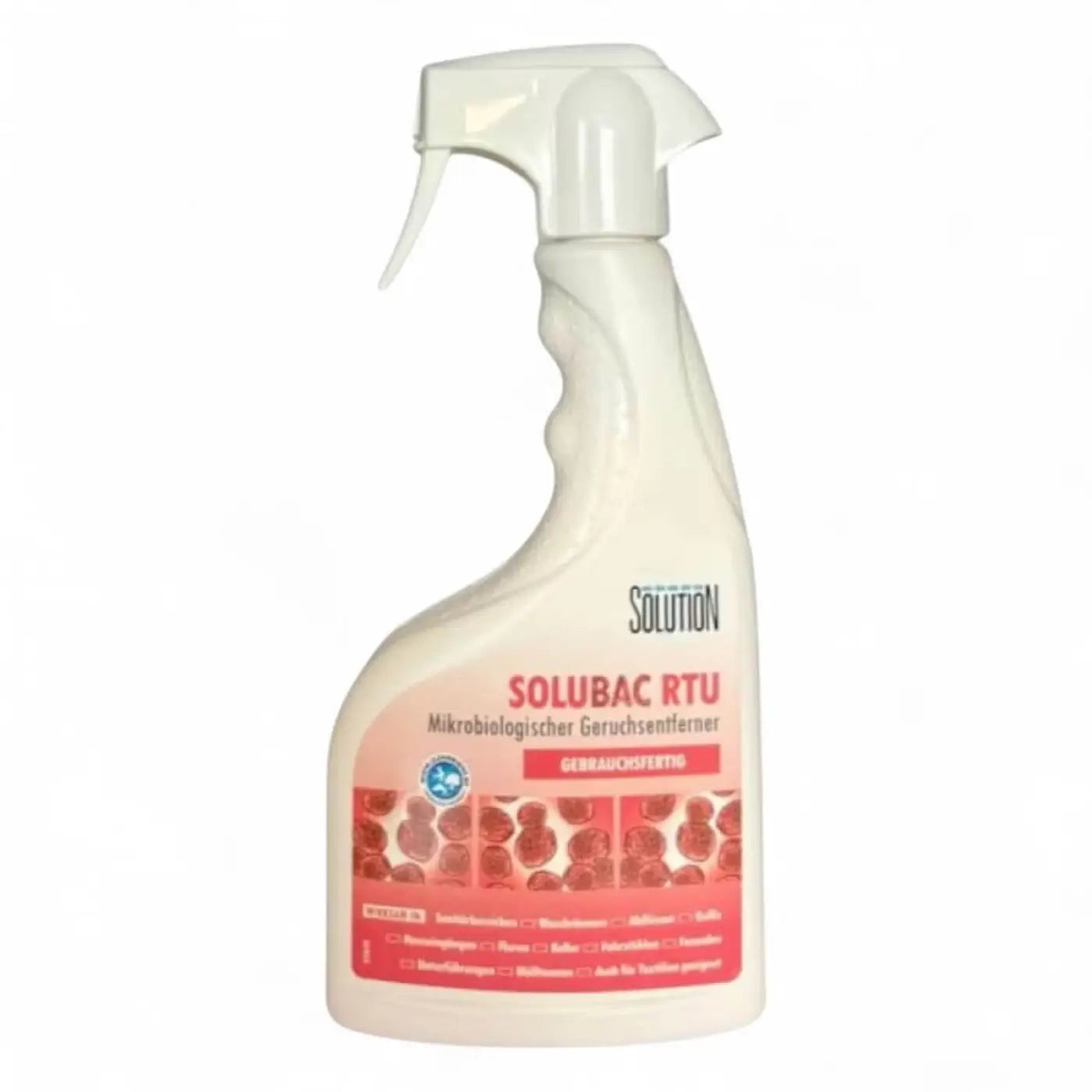 Weiße plastik-sprühflasche mit rosa weißem label solution solubac rtu für mikrobiologische geruchsvernichtung 500 ml