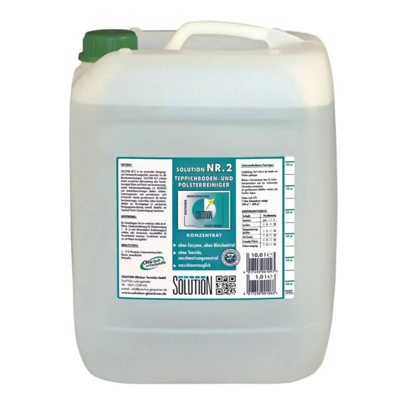 Weißer kunststoffkanister mit grünem deckel und türkisem etikett solution nr 2 teppichboden- und polsterreiniger 10 l für boden- und oberflächendesinfektion