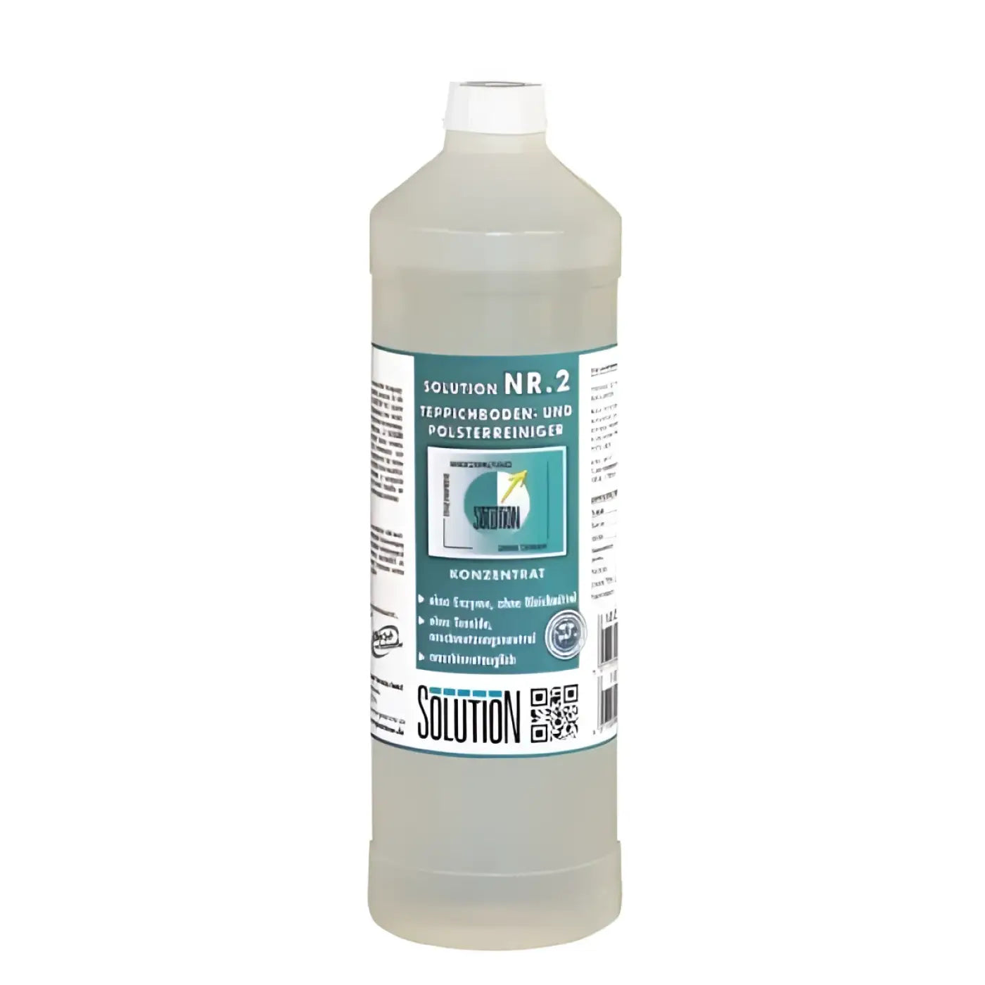 Eine klare kunststoffflasche mit weißem verschluss enthält solution nr. 2 teppichreiniger und polsterreiniger 1l mit transparenter flüssigkeit