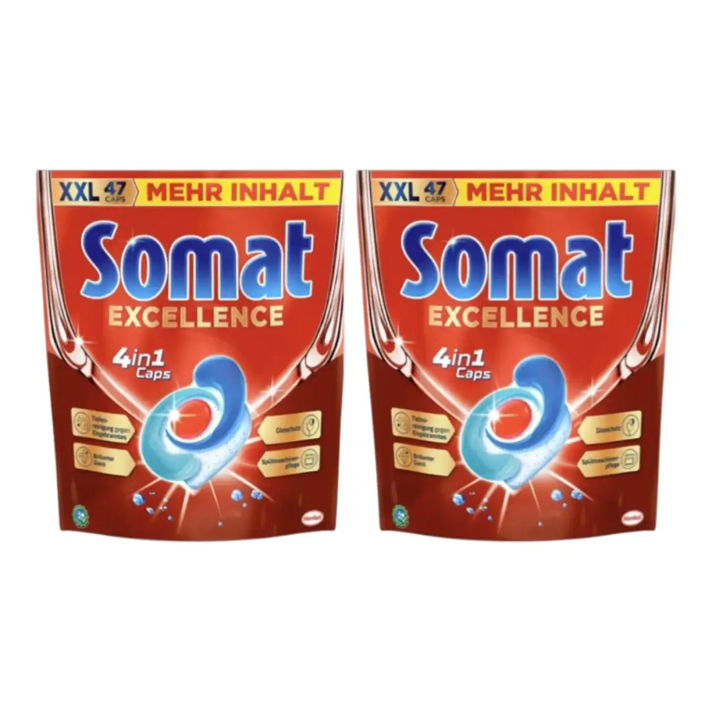 Zwei pakete somat excellence 4in1 spülmaschinen caps xxl rot und blau mit jeweils 47 kapseln