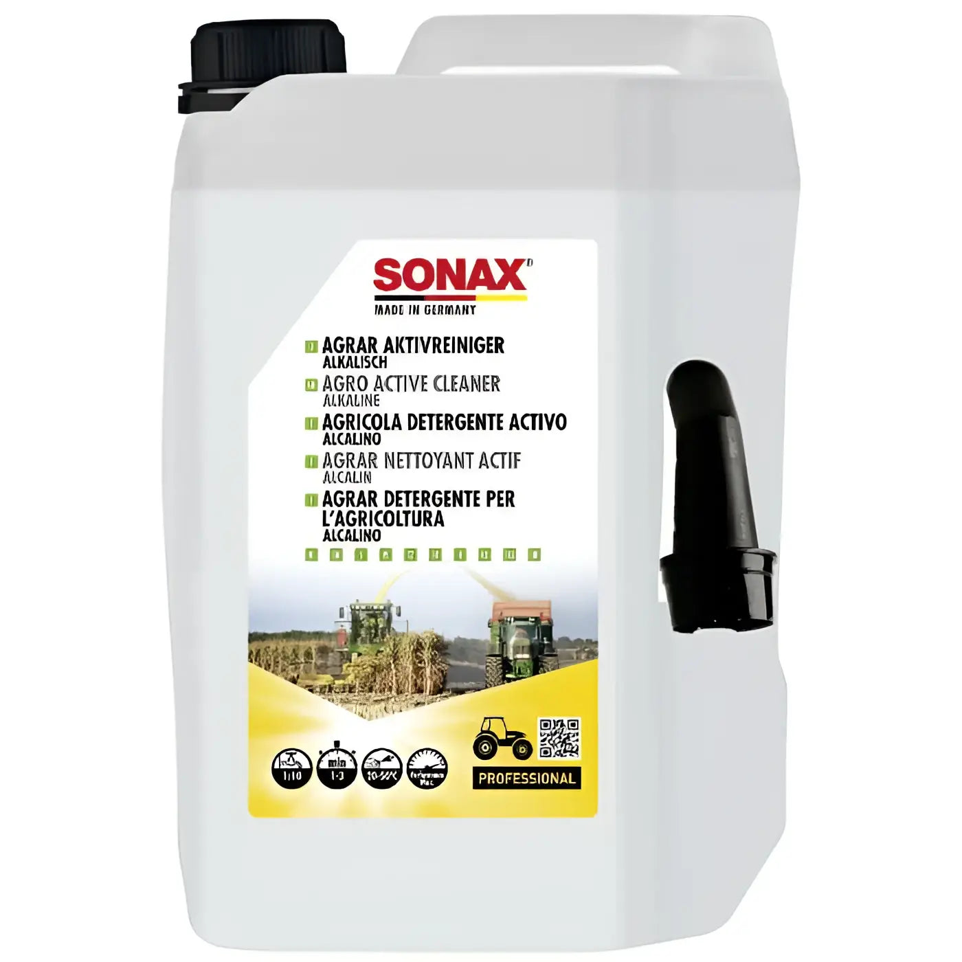 Weißer kunststoffkanister mit schwarzem griff und deckel, beschriftet mit sonax agro active cleaner in mehreren sprachen