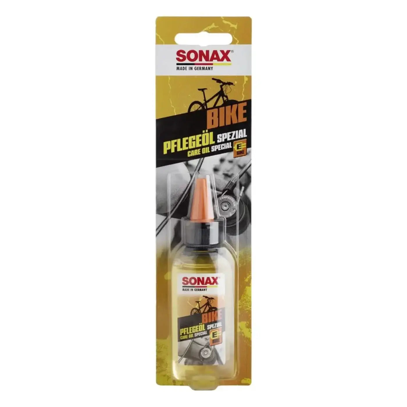 Sonax bike pflegeöl spezial 50ml klare plastikflasche mit orangem deckel und schwarzem schraubverschluss