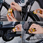 Ein kleines amberfarbenes glasfläschchen mit schwarzem deckel und etikett enthält gelbes schmieröl für fahrradteile sonax bike pflegeöl spezial 50ml
