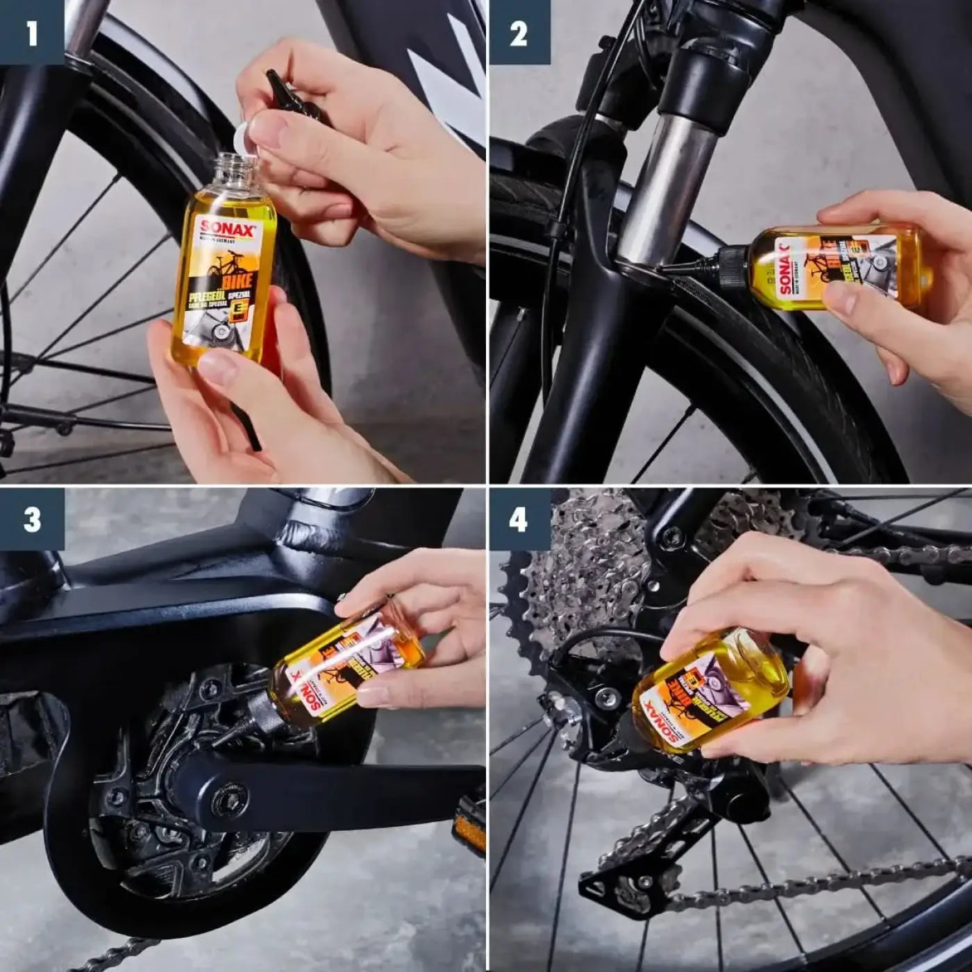 Ein kleines amberfarbenes glasfläschchen mit schwarzem deckel und etikett enthält gelbes schmieröl für fahrradteile sonax bike pflegeöl spezial 50ml