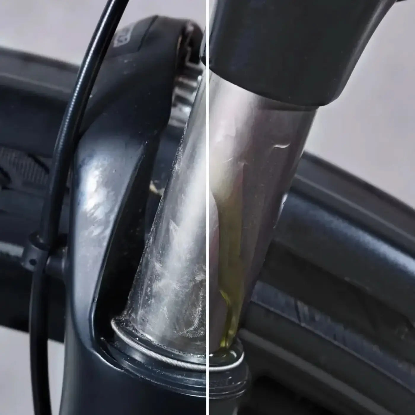 Schwarze fahrradgabel mit metallischem steuersatz und sichtbarem fett an der innenrohr mit sonax bike pflegeöl spezial 50ml