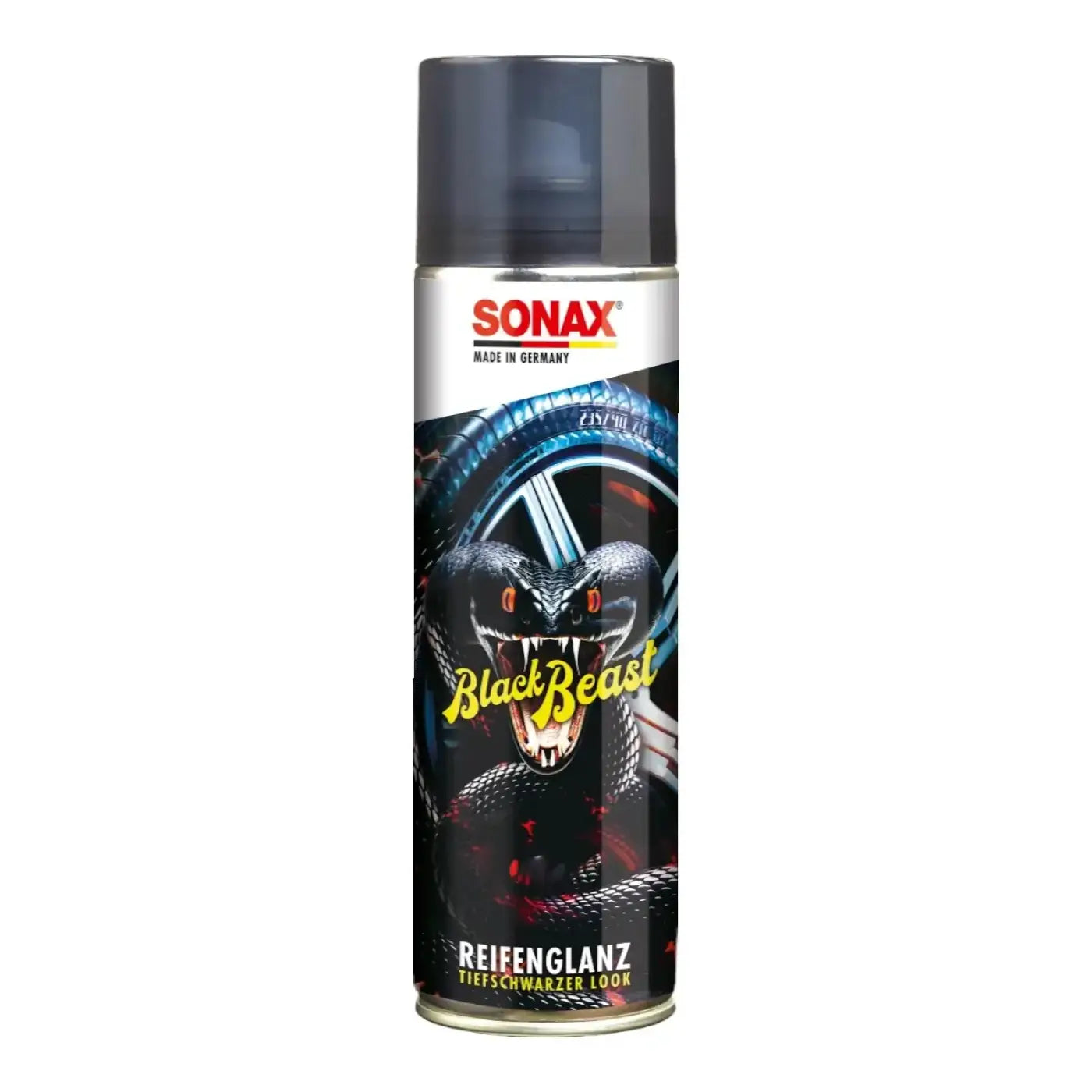 Sonax blackbeast reifenglanz 500ml spraydose mit glänzend schwarzem finish und auffälligem gelb-rotem branding