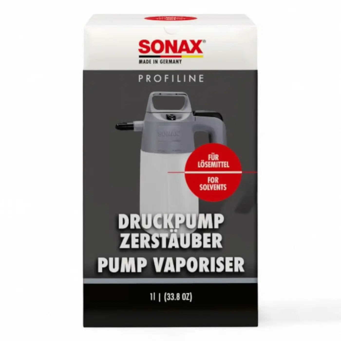 Sonax druckpumpzerstäuber für lösemittel mit schlankem grauem und weißem gehäuse zur präzisen solvent-applikation