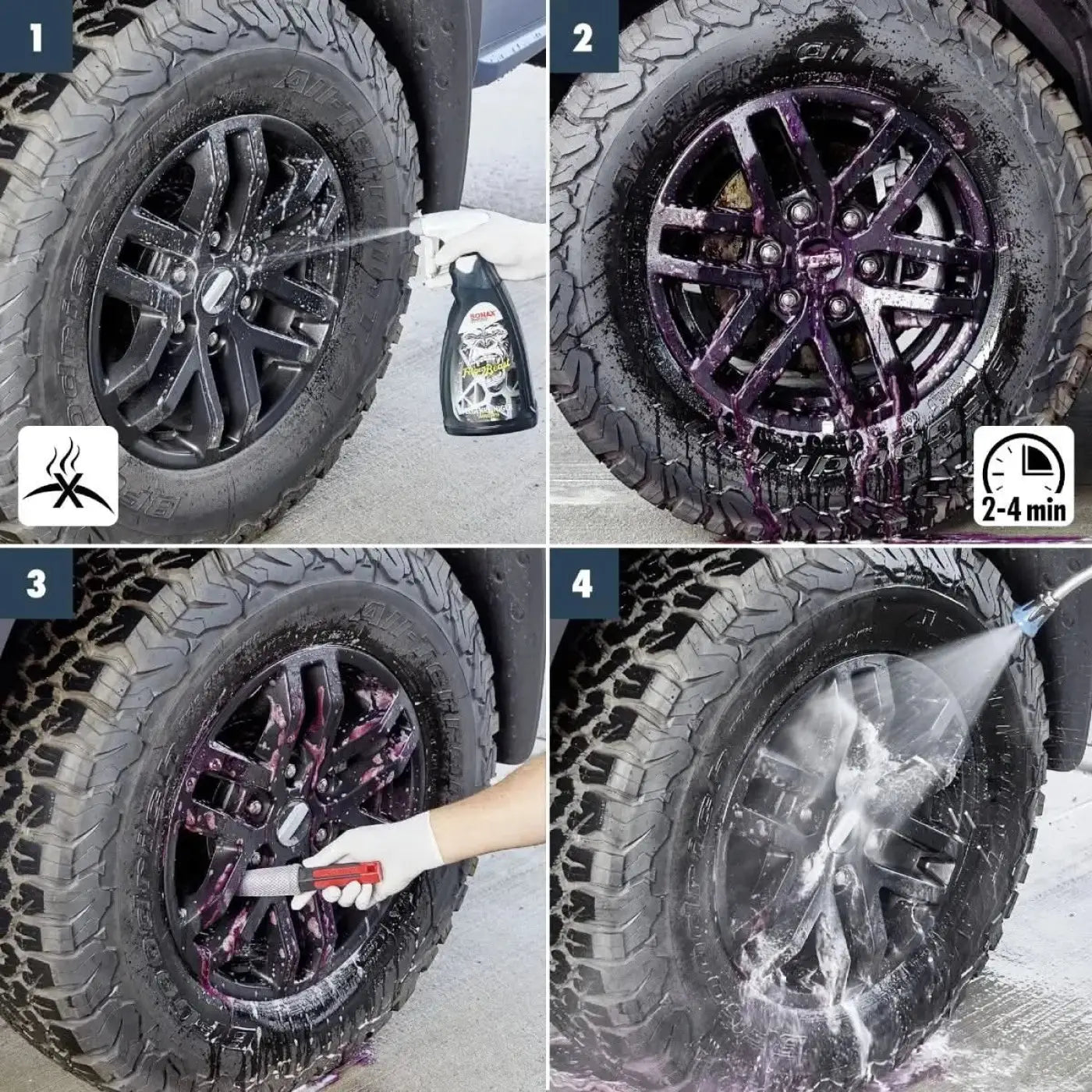 Schwarzes mattlackiertes sonax felgenbeast 1l mit tiefprofiligem offroad-reifen und sichtbaren radmuttern