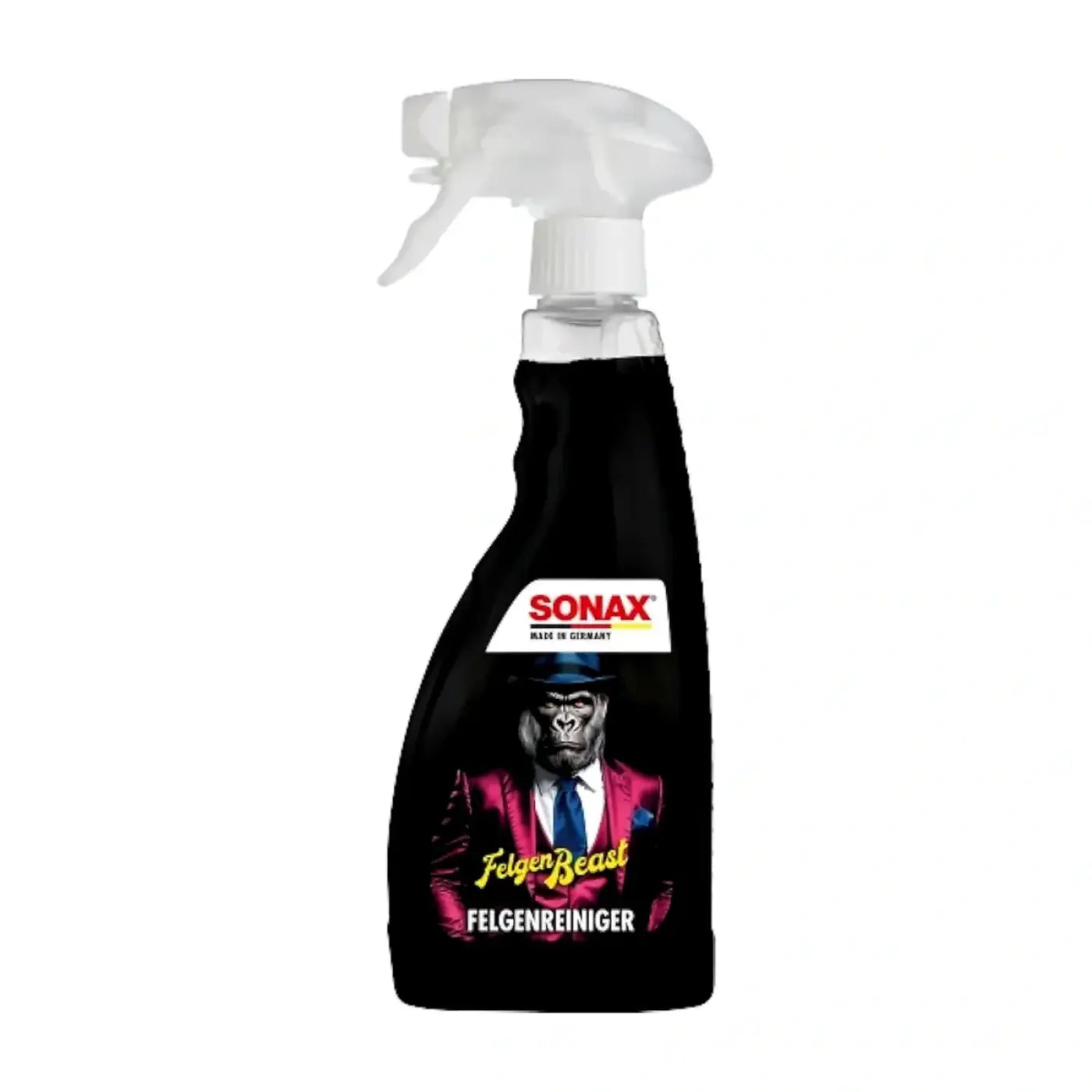 Schwarze kunststoff-sprühflasche mit weißer düse von sonax felgenreiniger felgenbeast 500ml mit gorilla-etikett