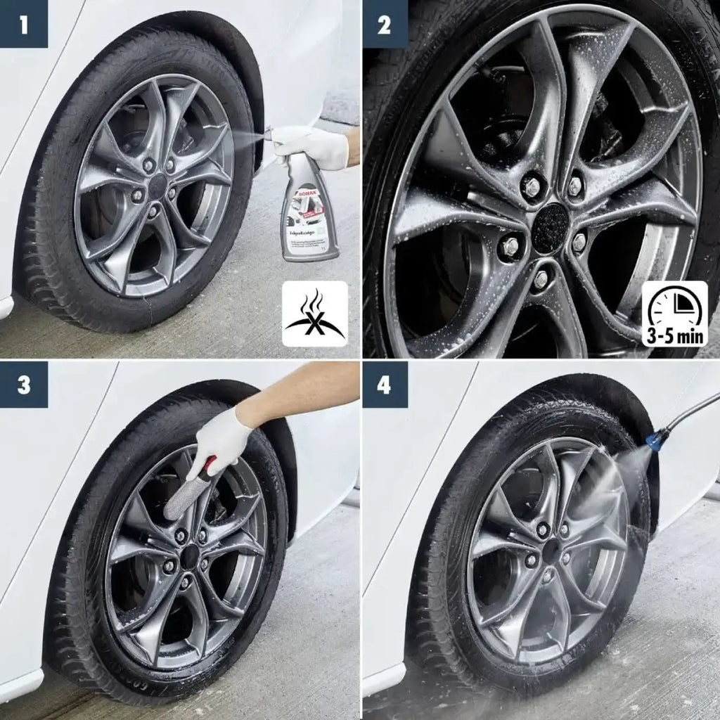 Silberlegierter 5-speichen-alufelge mit schwarzem reifen und sonax felgenreiniger 1l für felgenreinigung