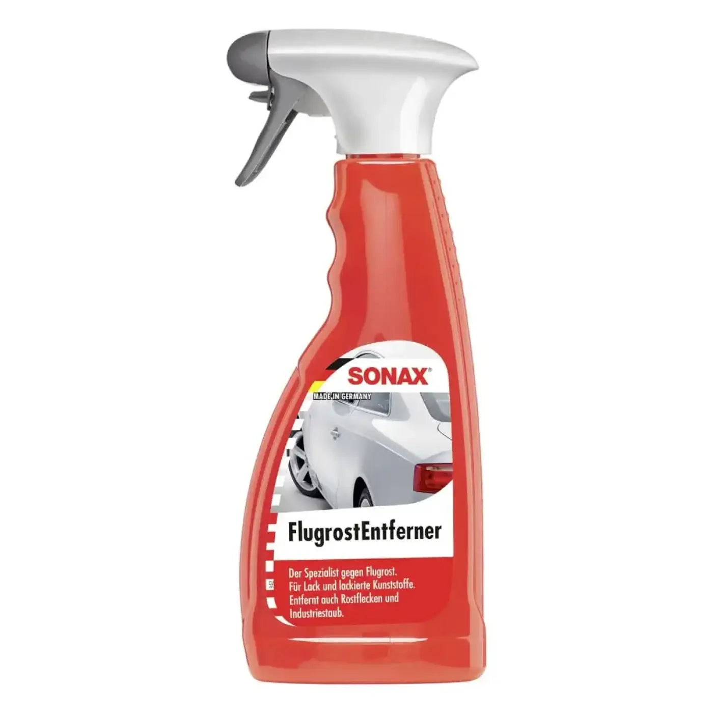 Rotes Kunststoffsprühflasche mit weißem grauem Auslöser labeled sonax flugrostentferner zur entfernung von vogelkot