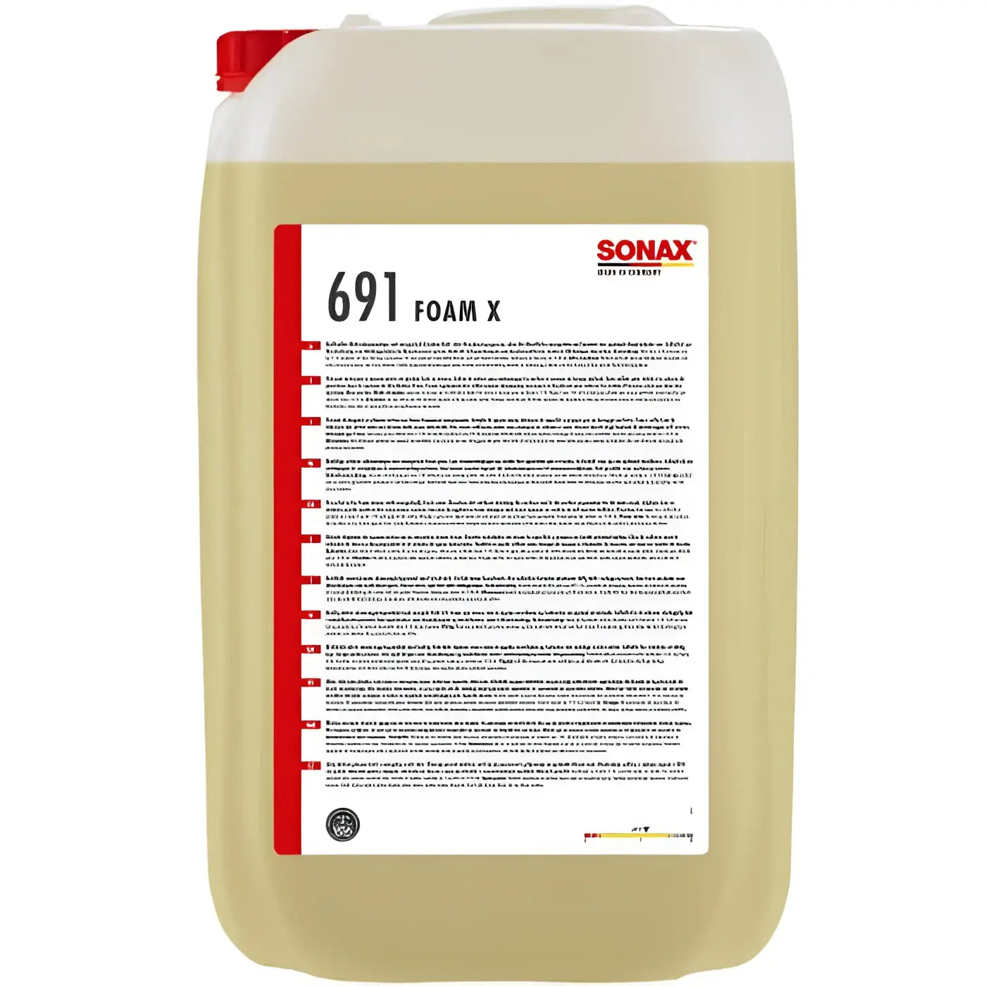 Beige plastikbehälter mit rotem verschluss und weißem etiket, sonax 691 foam x aktivschaumreiniger 25l branding