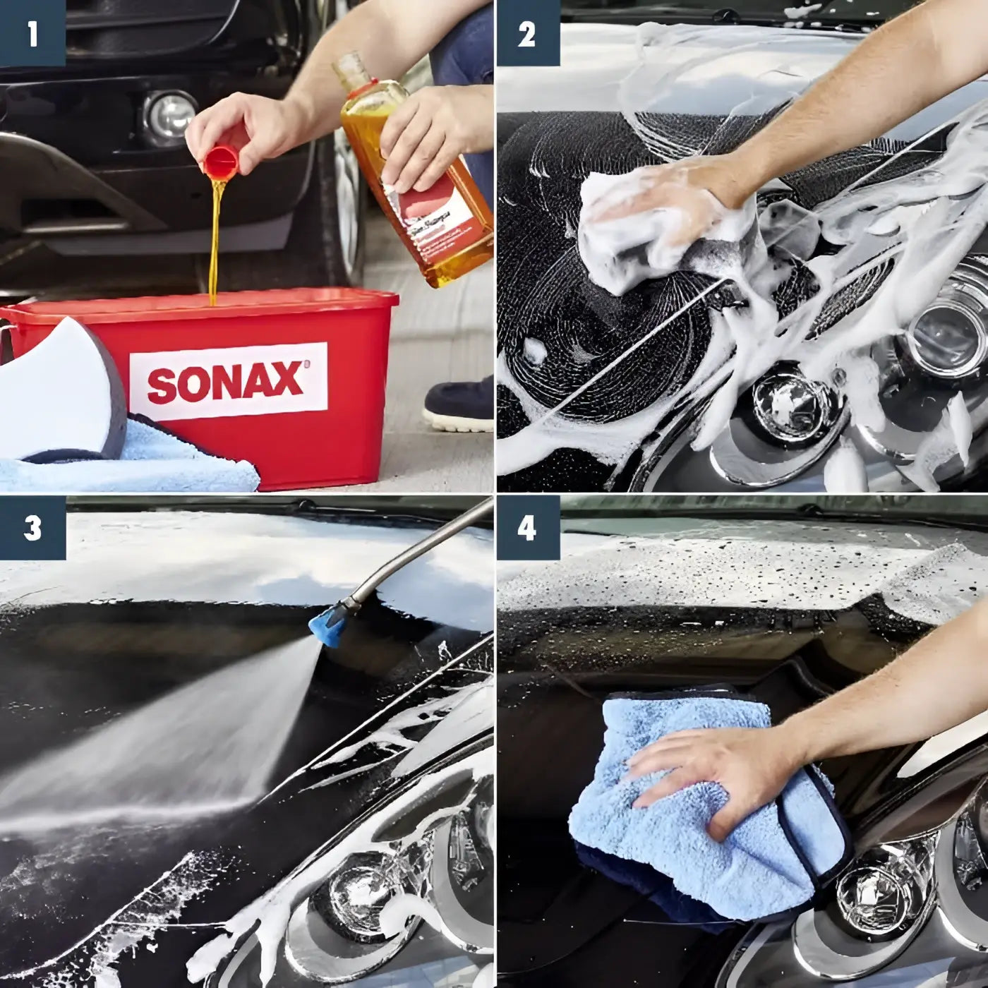 Roter sonax autowascheimer mit weißem logo und blauem mikrofasertuch für sonax glanzshampoo konzentrat