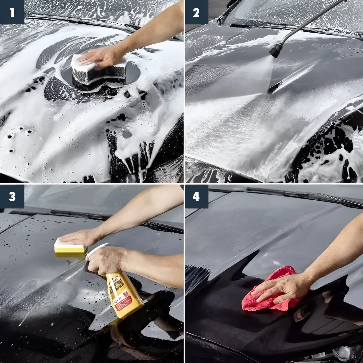 Schwarze motorhaube wird mit sonax highspeedwax 500ml, seife, wasser und mikrofasertuch gereinigt