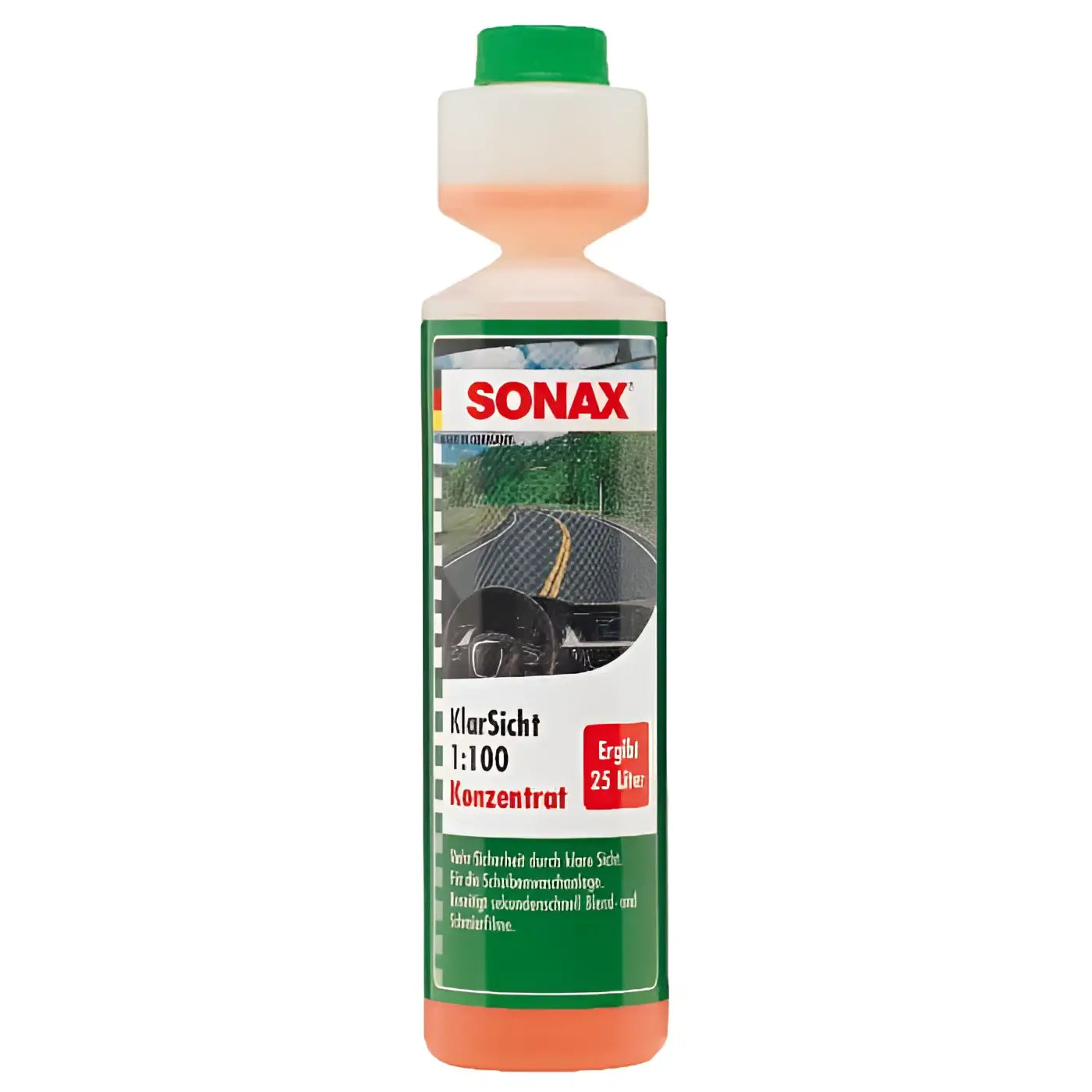 Sonax klarsicht 1:100 konzentrat 250ml in durchsichtiger flasche mit grünem deckel und orangefarbener flüssigkeit