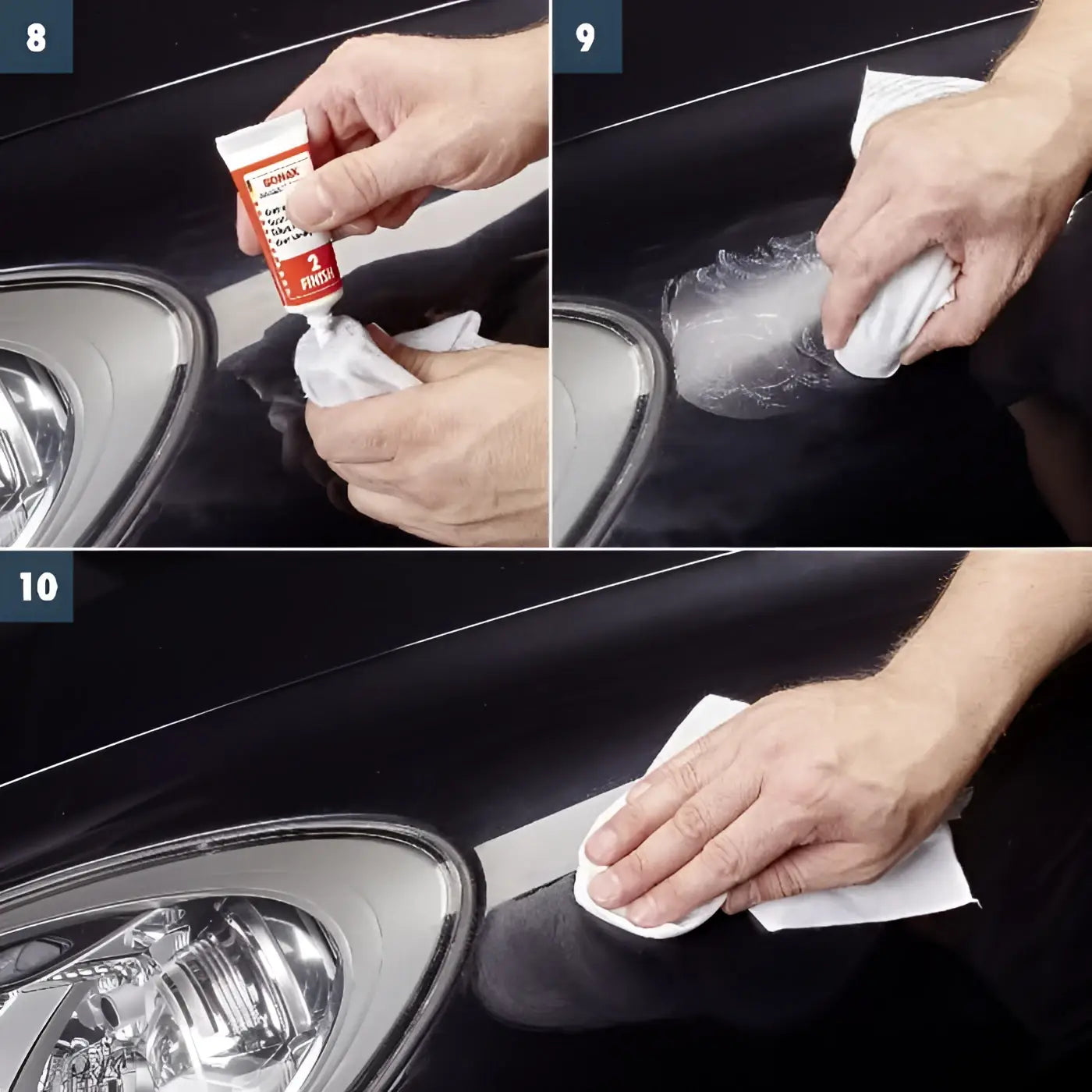 Orange und weiße tube des gonna autolackreparaturprodukts sonax kratzerentfernerset lack, rückseite sichtbar