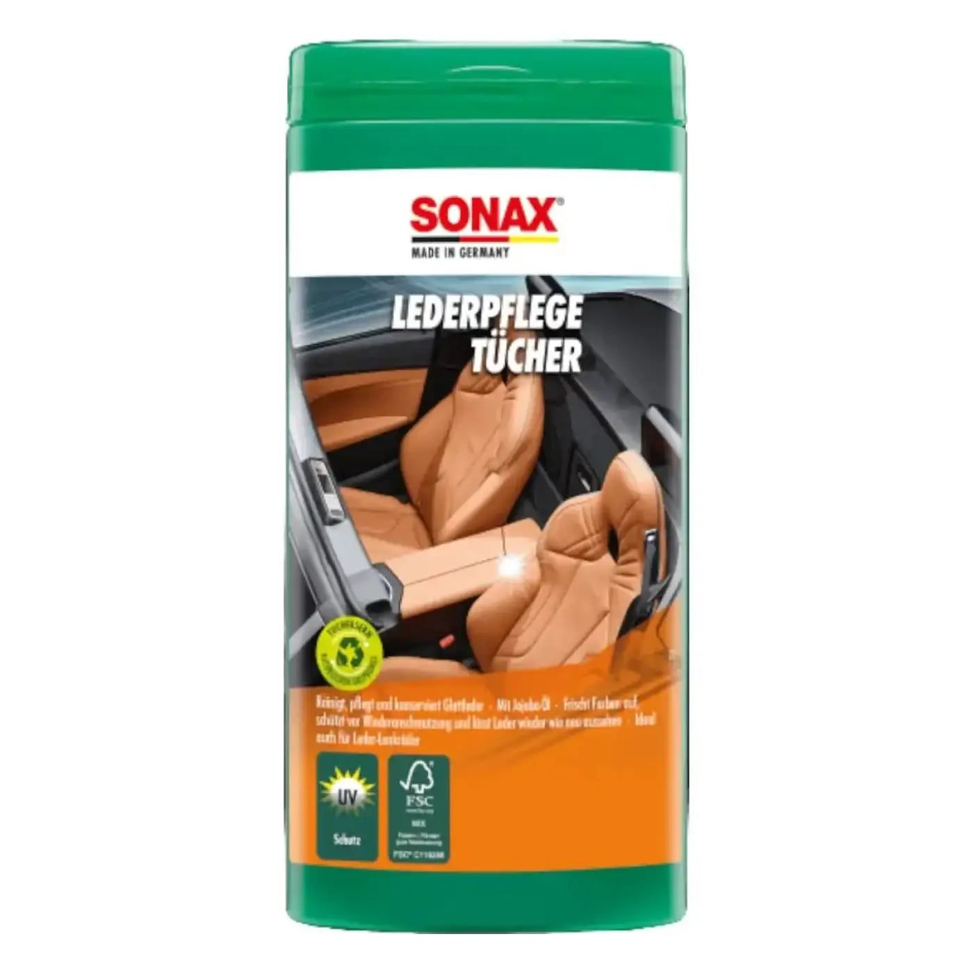 Grüne sonax lederpflegetücher box mit 25 stück und bild von beige autositzen auf weißem etikett