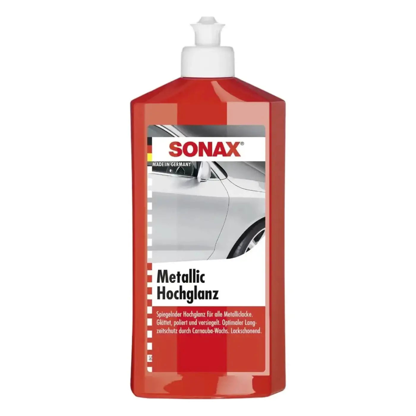 Rote plastikflasche sonax metallichochglanz autowachs 500ml mit weißem pumpspender