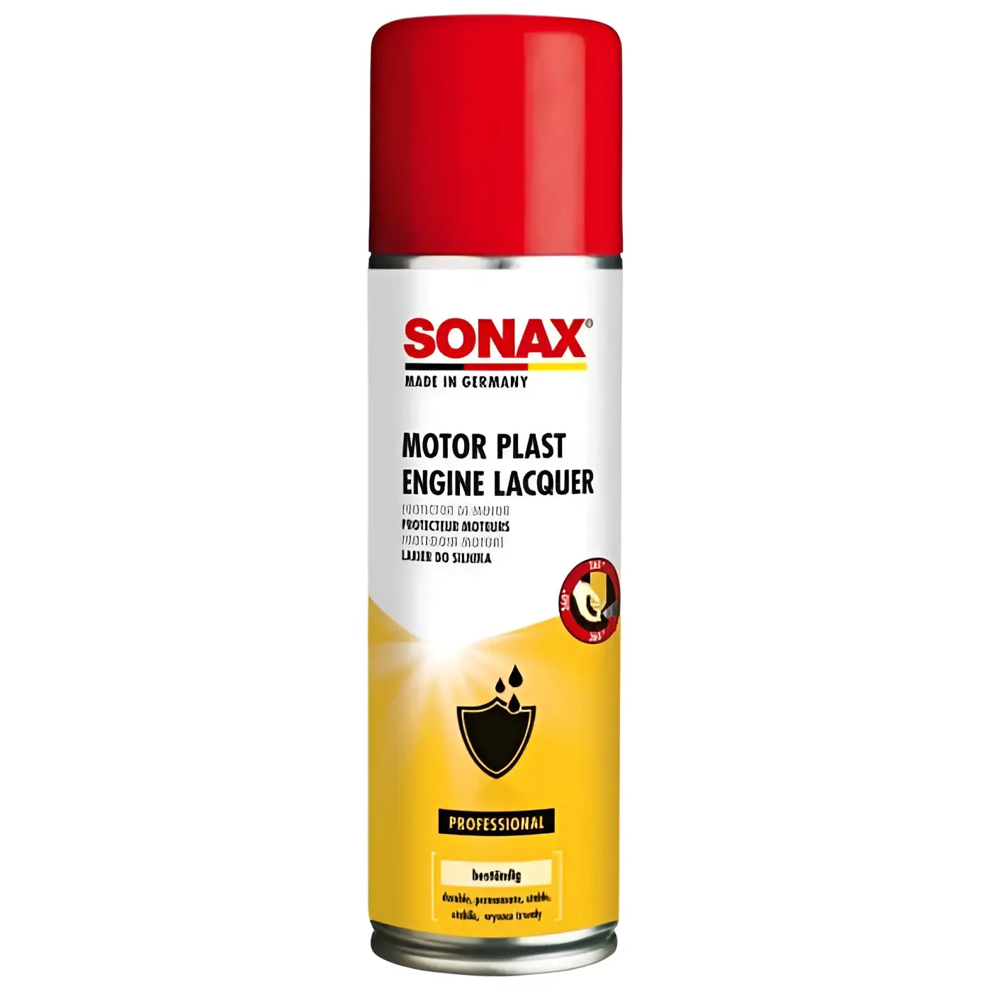 Roter sonax professional motorplast 300ml spray zur motorlackierung mit weißem und gelbem etikett für schutz