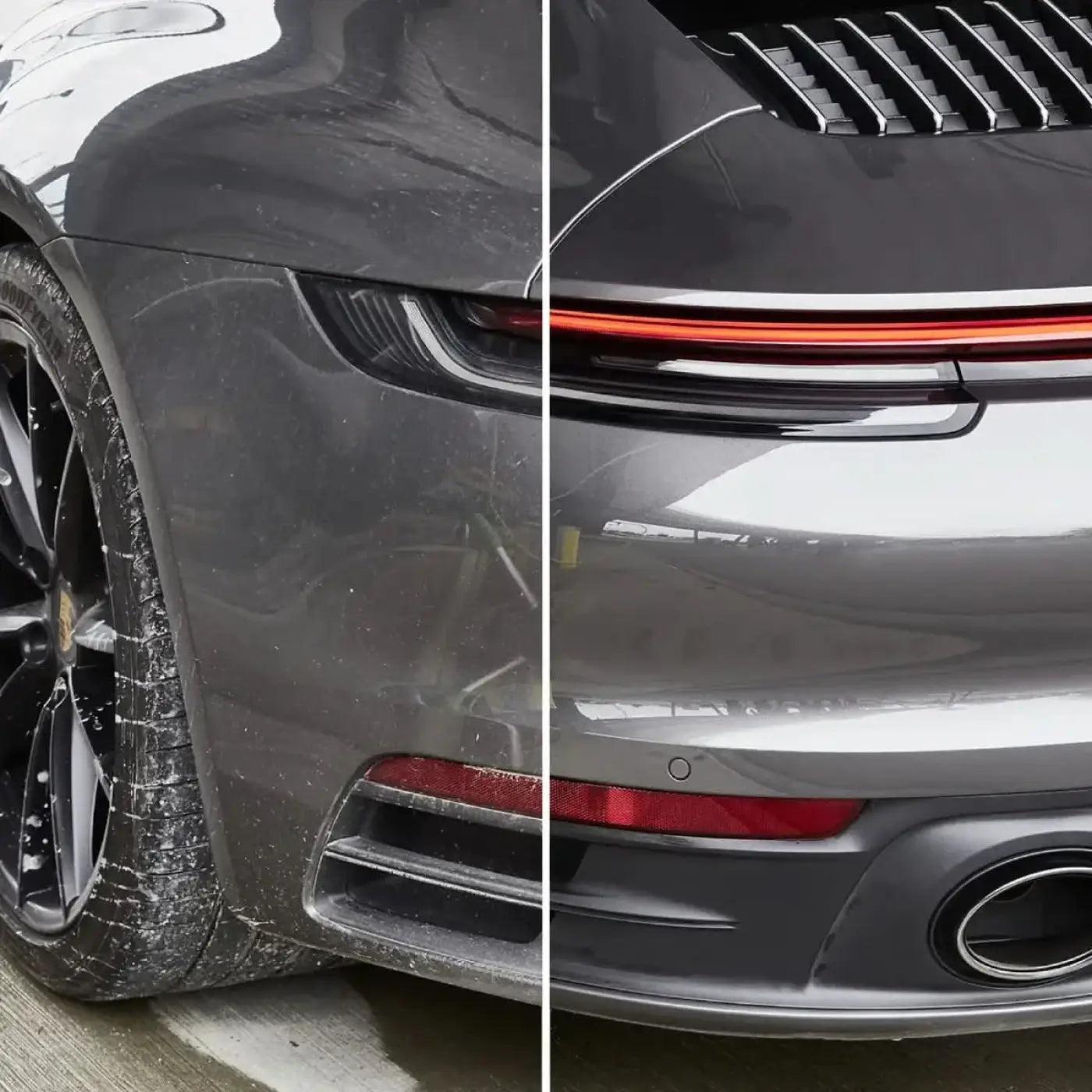 Ein dunkler grauer porsche 911 mit glänzendem finish und markanten roten rückleuchten neben sonax profiline actifoam energy 1l