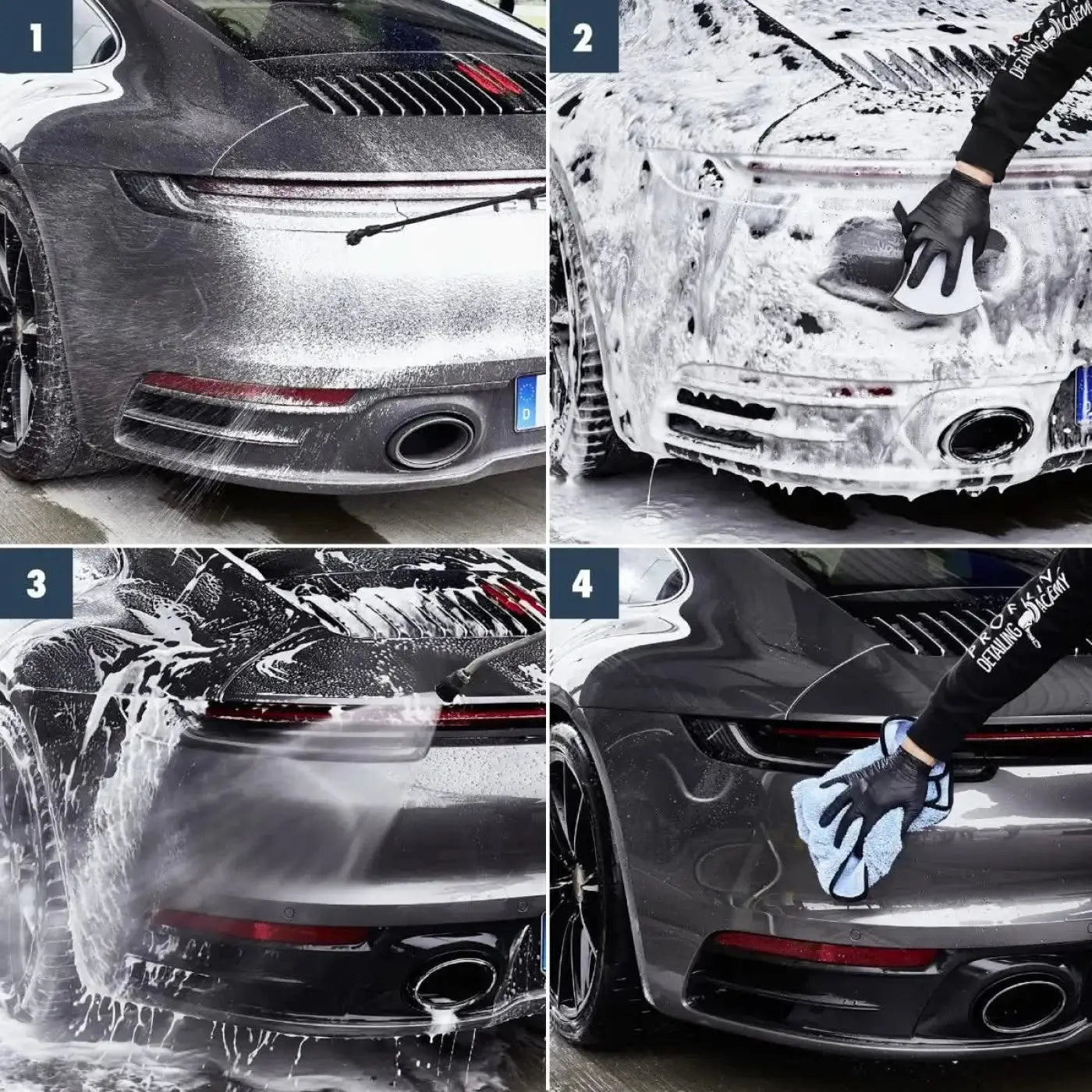 Ein dunkler grauer porsche 911 mit glänzendem finish und schwarzen felgen neben sonax profiline actifoam energy 1l