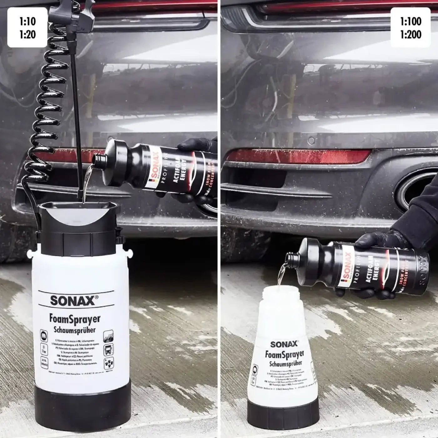 Weiß und schwarzer sonax foamsprayer autowaschtank mit aufgerolltem schlauch für sonax profiline actifoam energy 1l