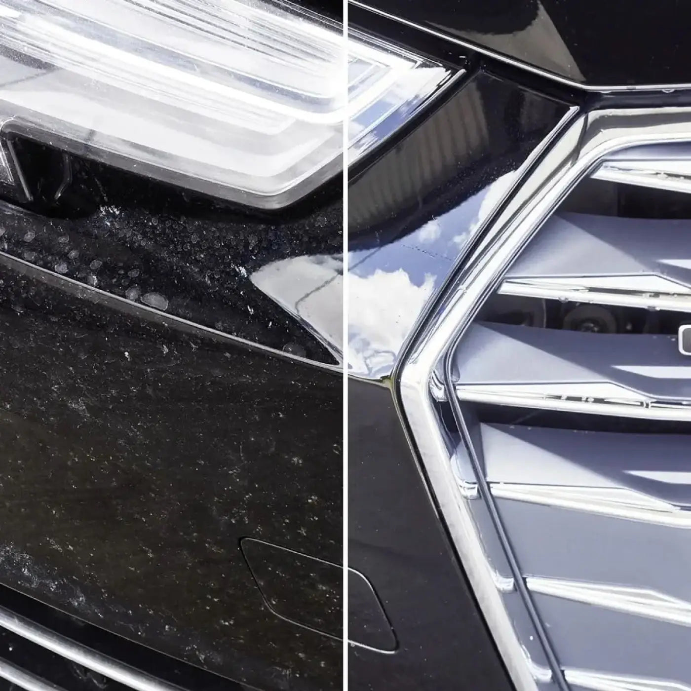 Schwarzer audi mit chromakzenten und schlanken led-scheinwerfern neben sonax profiline multistar 1l reiniger