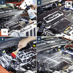 Schwarzer motorabdeckung mit weißem mutije logo und schaumresten neben sonax profiline multistar 1l reiniger