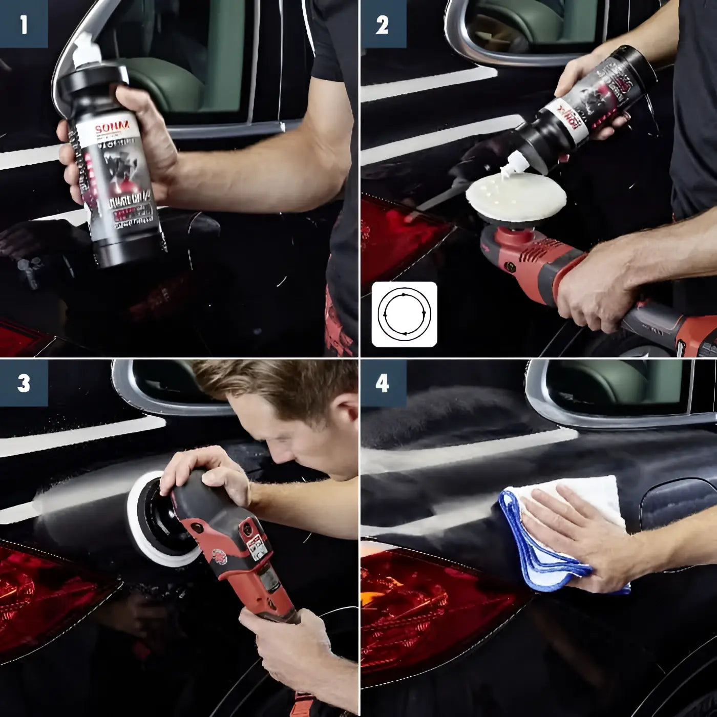 Schwarze sonax profiline ultimate cut flasche mit weißem deckel und rotem etikett für autowachs