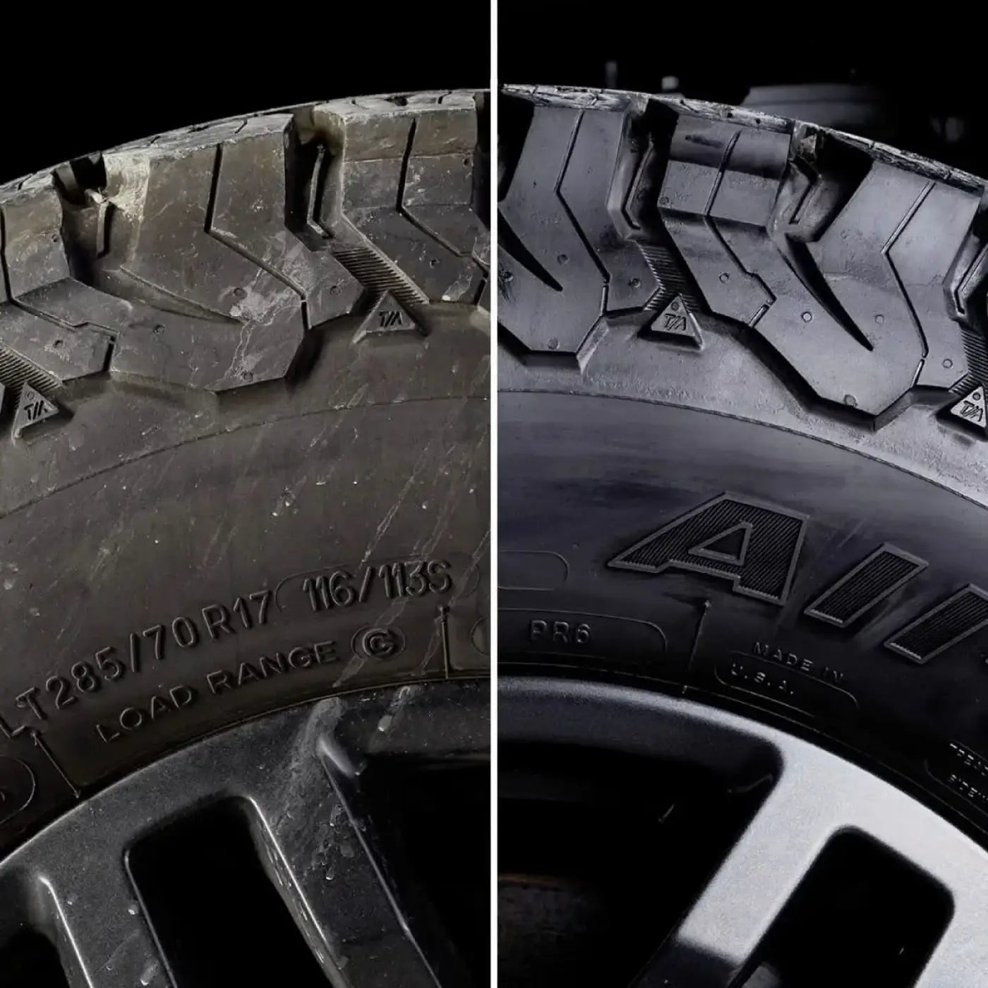 Schwarzer geländereifen mit tiefem, aggressivem profil und eingeprägtem all-logo an der seitenwand für sonax reifenpfleger 400ml