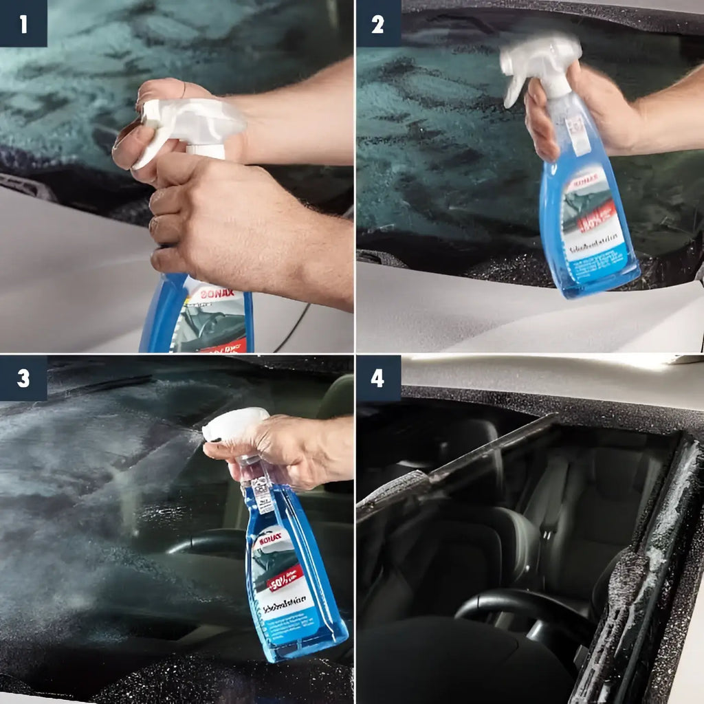 Blauer sonax sprayflasche mit weißem abzug und etikett für scheibenenteiser zur enteisung der windschutzscheibe