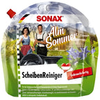Sonax scheibenreiniger gebrauchsfertig 3l im grün weißen beutel mit rotem verschluss und alpiner landschaft