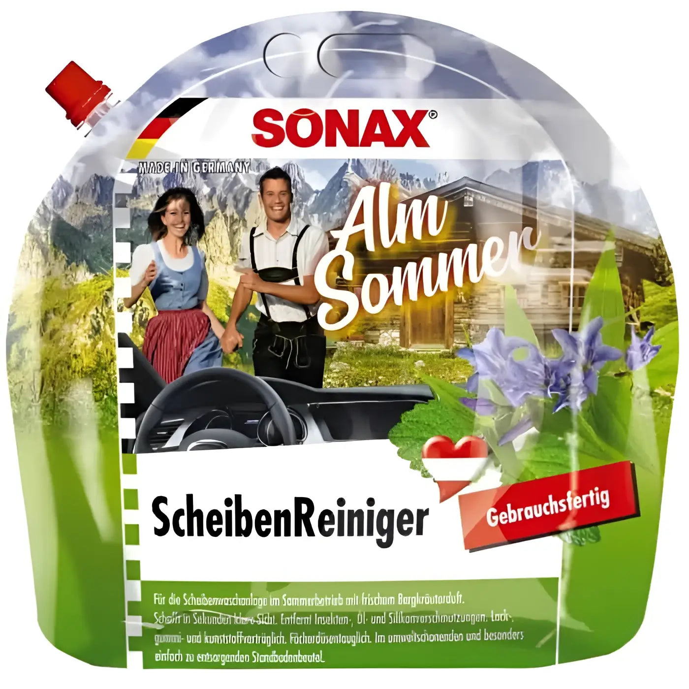 Sonax scheibenreiniger gebrauchsfertig 3l im grün weißen beutel mit rotem verschluss und alpiner landschaft
