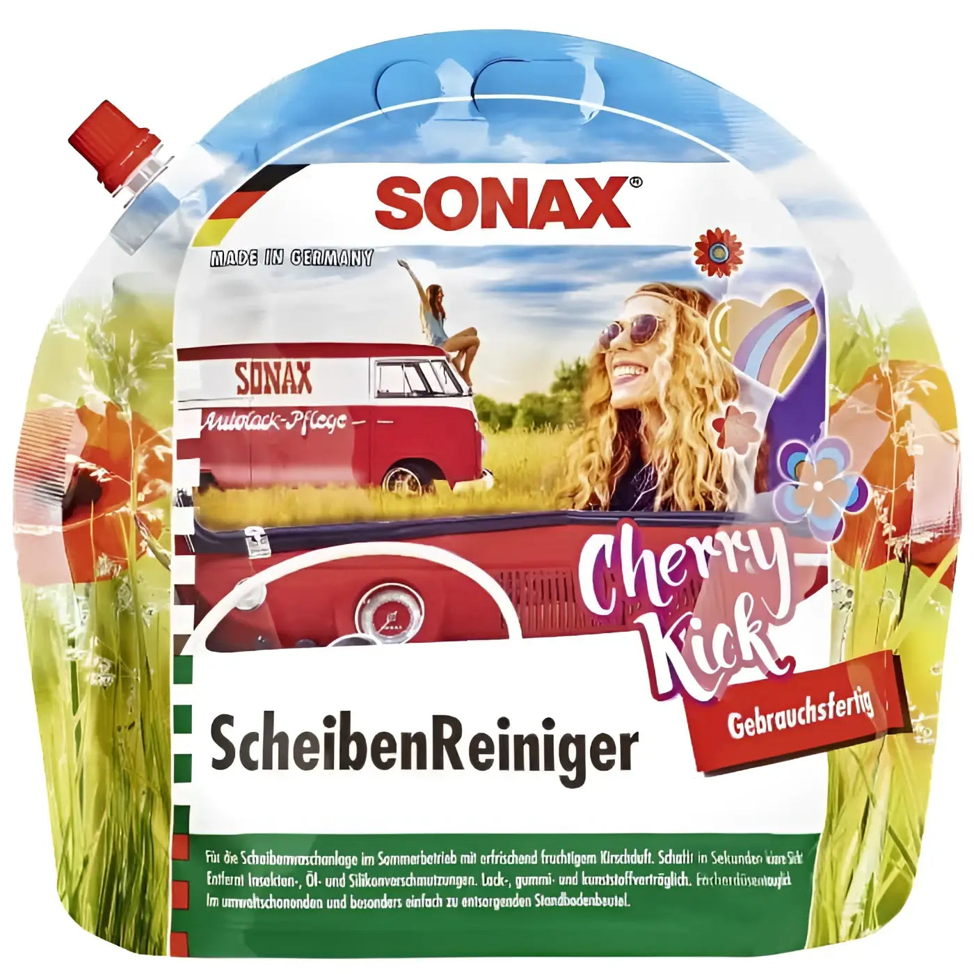 Sonax scheibenreiniger gebrauchsfertig 3l in bunter nachfüllpackung mit rotem verschluss und vintage van grafik