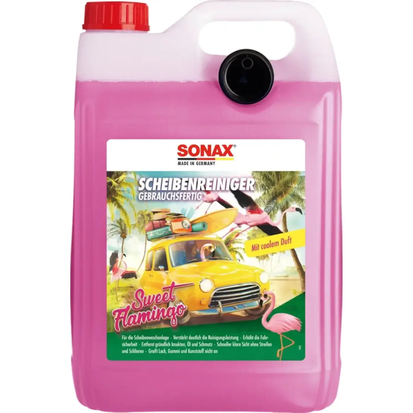 Sonax scheibenreiniger gebrauchsfertig 5l in weiß-rotem kunststoffkanister mit pinker flüssigkeit und flamingo-palmbaum label