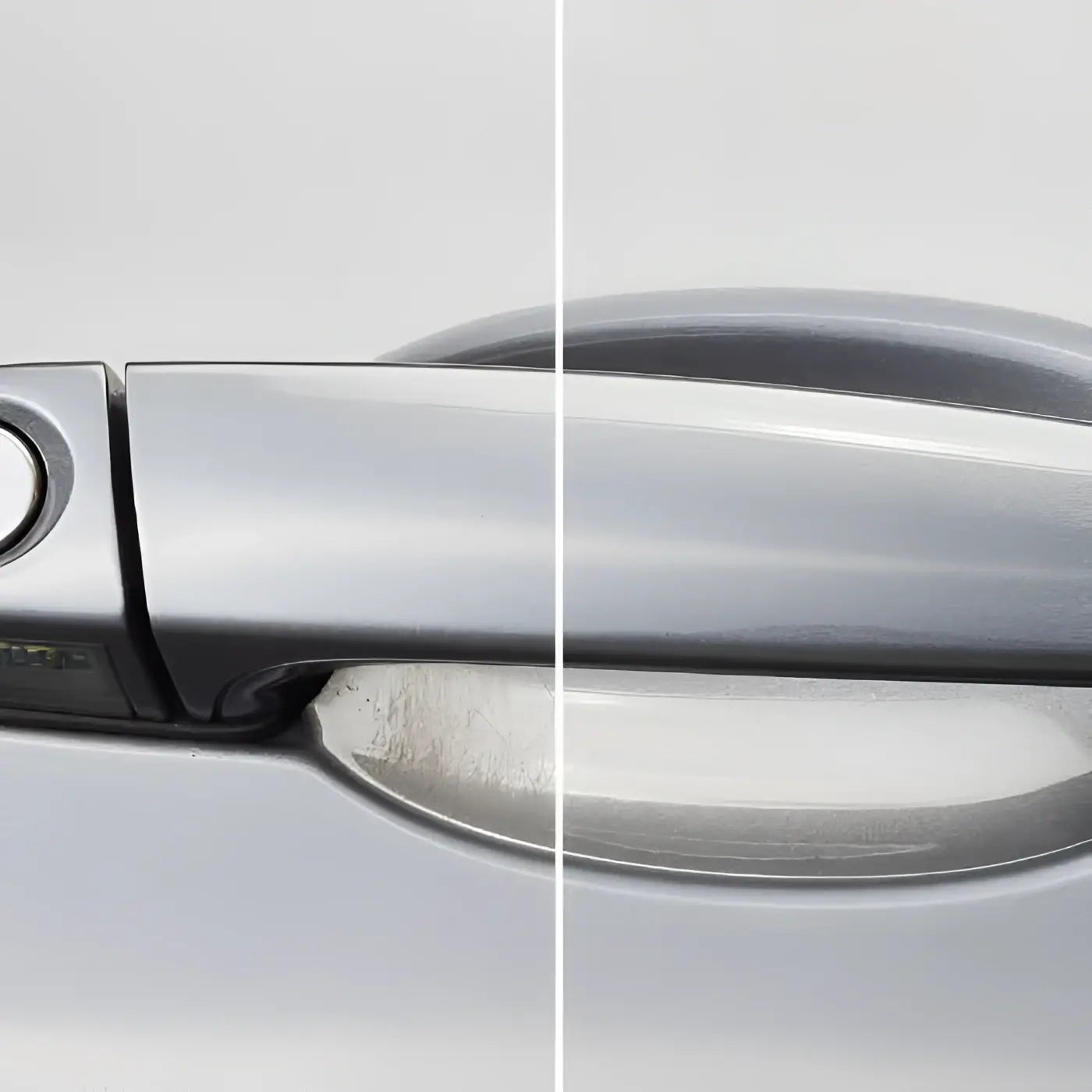 Silberner auto türgriff mit metallischer oberfläche und geschwungener form für sonax schleifpaste 75ml