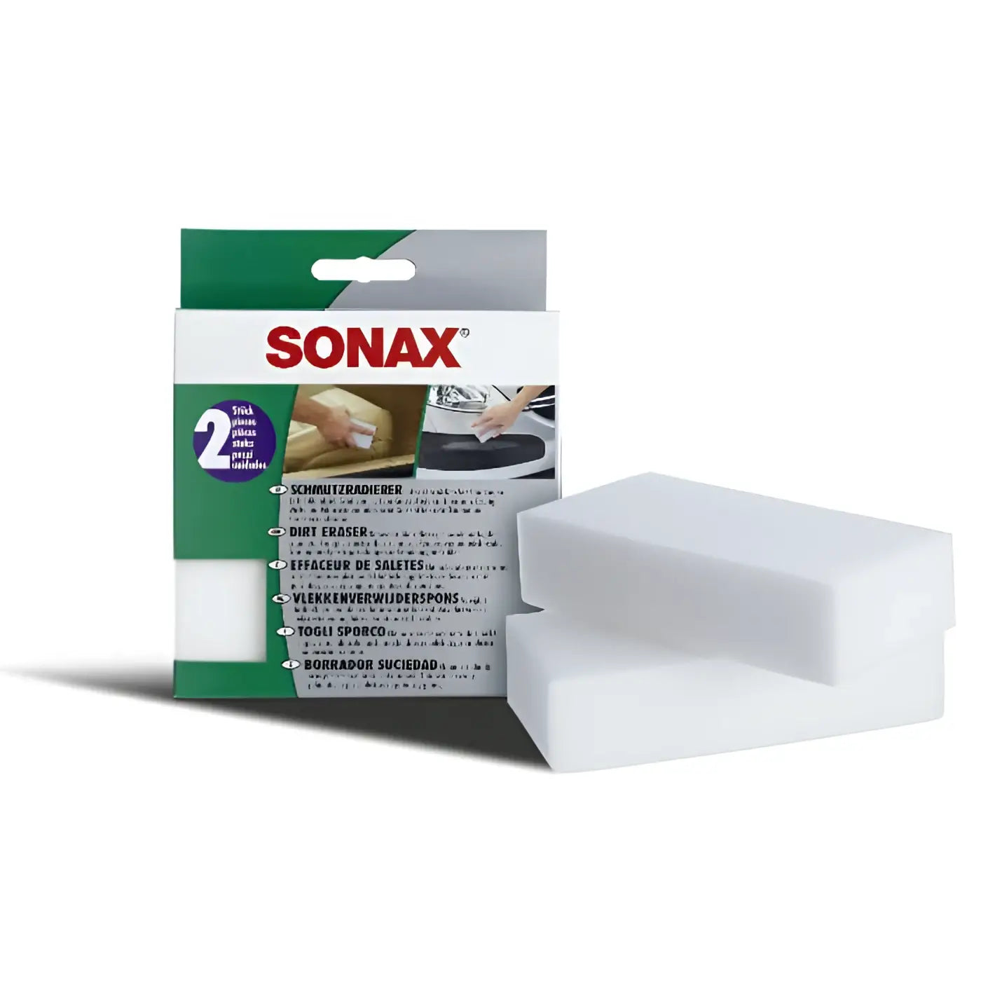 Weißes rechteckiges sonax schmutzradierer schwamm im packaging zum schonenden reinigen und entfernen von verschmutzungen