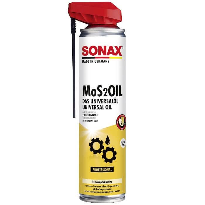 Rote und silberne spraydose von sonax professional mos2oil universalöl easyspray mit gelbem etiket und zahnraddesign