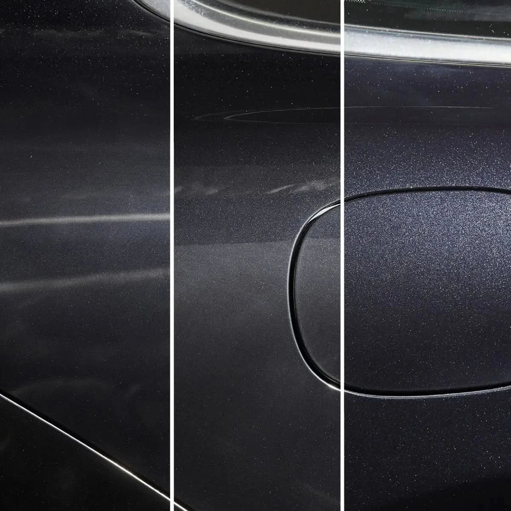Matte schwarzer autolack mit feiner punktstruktur und schlanker, gebogener tankklappengriff bei sonax profiline perfect finish 1l
