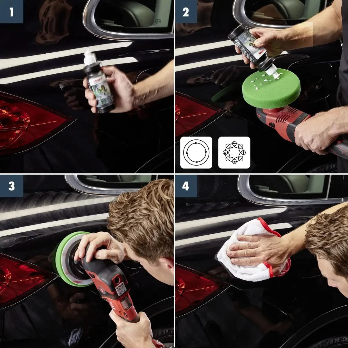 Anwendung von Sonax Profiline Perfect Finish 1l zur Fahrzeugpolitur mit Poliermaschine und Reinigungstuch von SONAX.